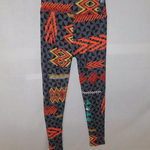 LuLaroe Gray Black Orange Teal Southwestern print Womens Leggings OS size 2 -10 - Picture 8 of 9